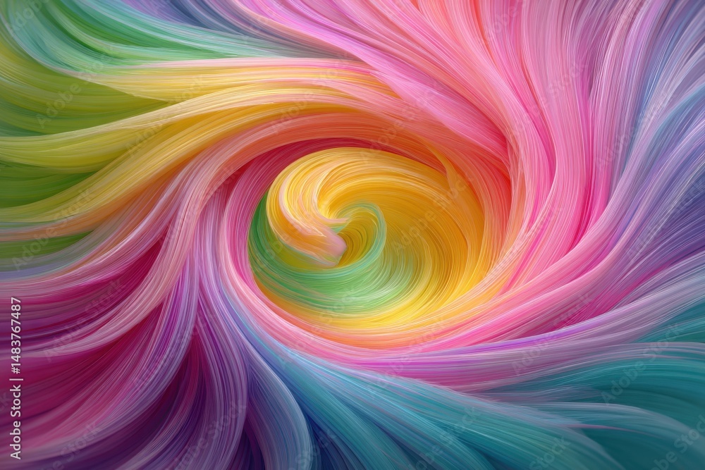 Poster an intricate swirl of pastel rainbow hues, blending into a captivating vortex of colorful filaments,