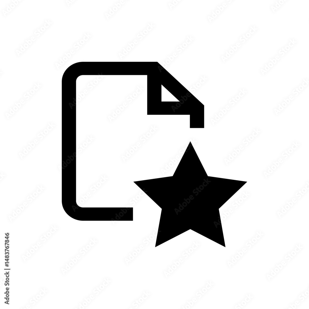 Poster black outline of a document with a folded corner and a five pointed star placed on the lower right s