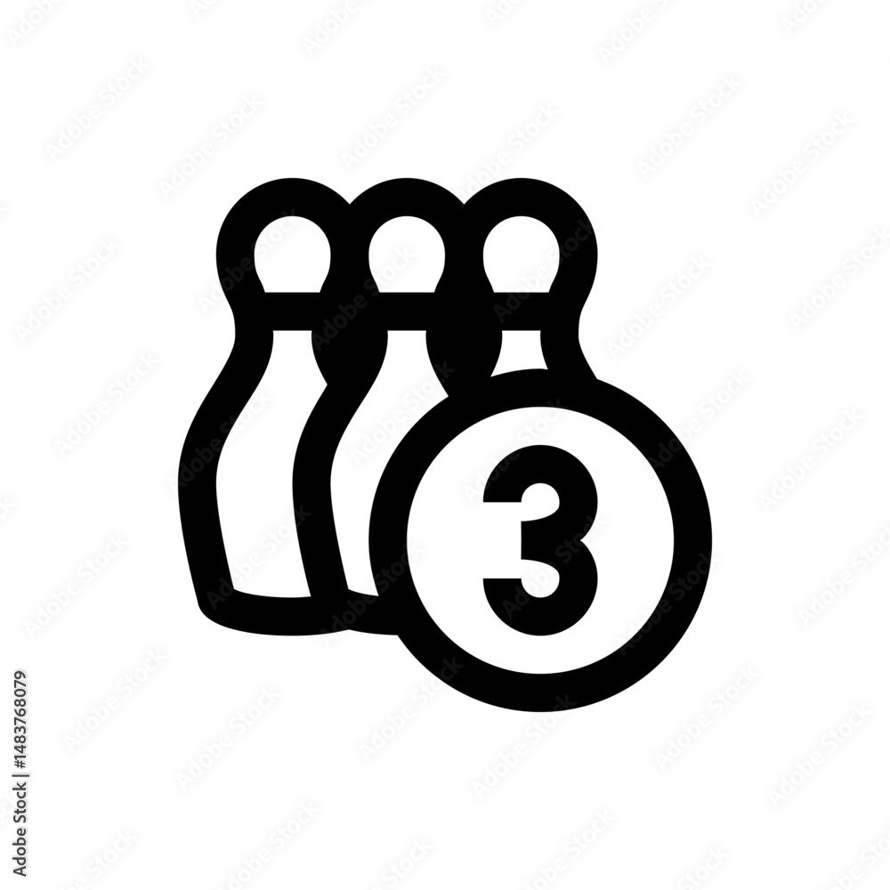 Poster illustration of three bowling pins with a number three inside a circle in black and white vector for