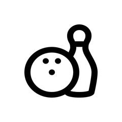Illustration of a bowling ball with three holes next to a single bowling pin in simple black outline