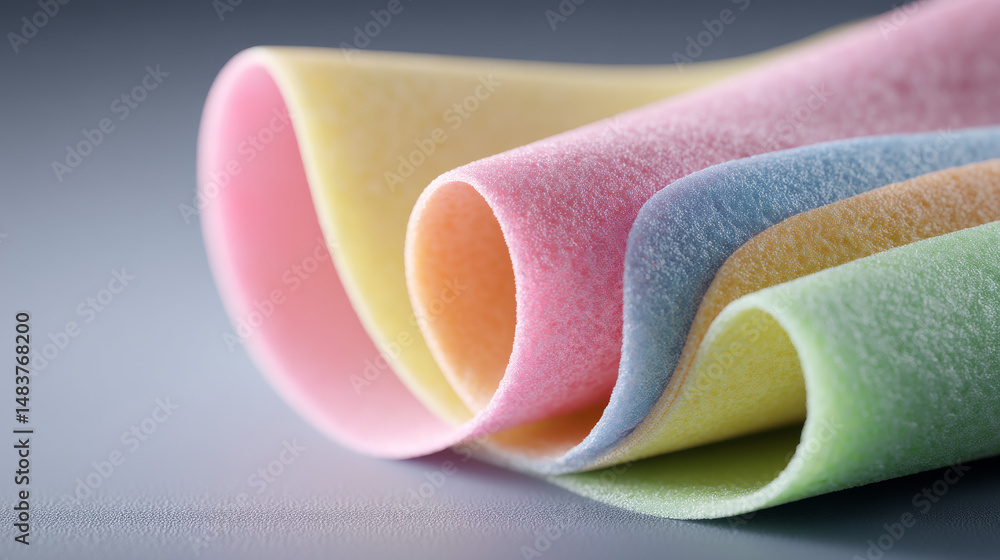 Poster vibrant colorful sheets of textured material displayed elegantly in soft lighting.