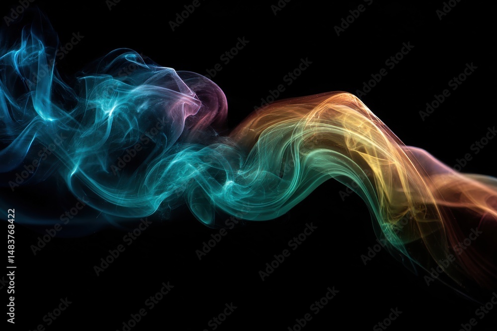 Poster abstract colorful smoke flowing in dark space, creating a mesmerizing pattern, highlighted with vibr