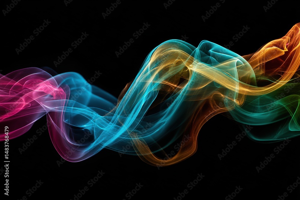 Poster abstract multicolored smoke trails, a graceful dance of light and color on a dark backdrop, creating