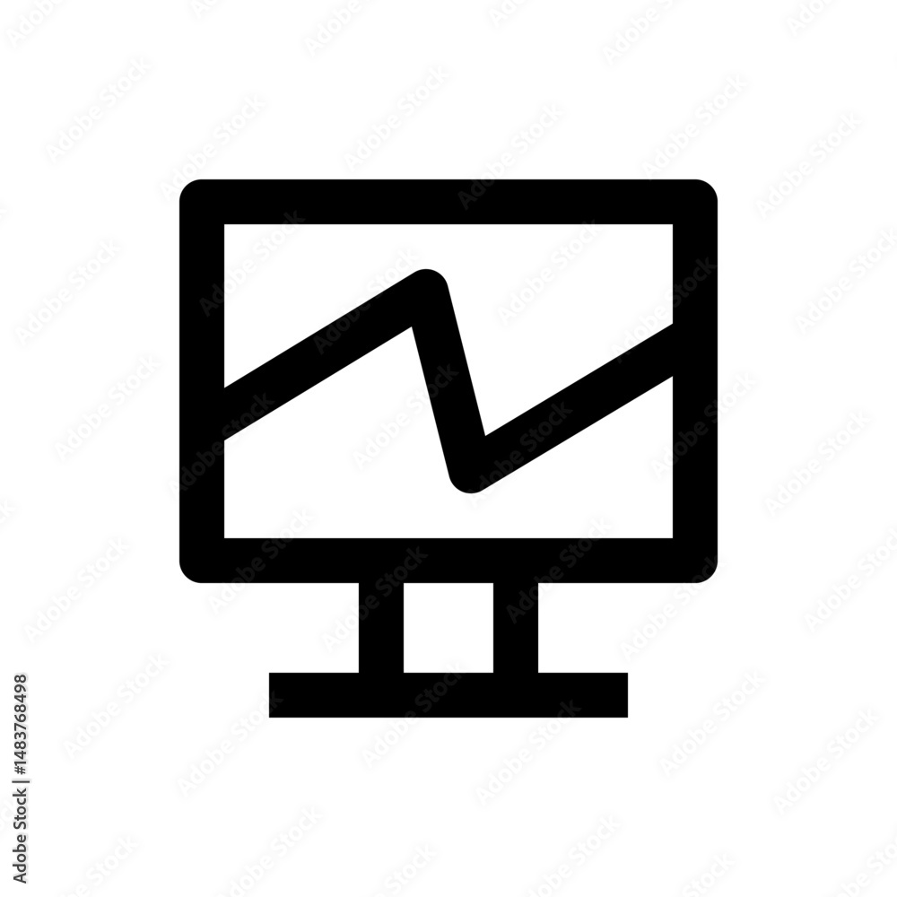 Poster black outline of a computer monitor displaying a zigzag line graph on a white background in simple s