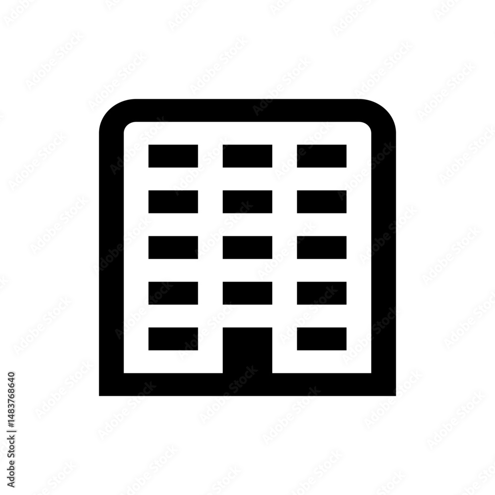 Aufkleber illustration of a simple building icon with multiple windows and a door in a black and white design 