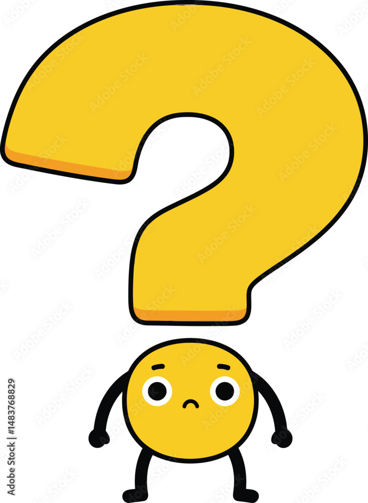 Poster confused emoticon character with large yellow question mark vector illustration expressing uncertain