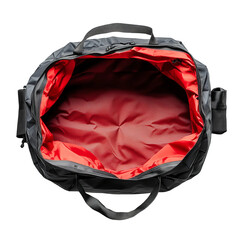 top view of open gym bag on white background
