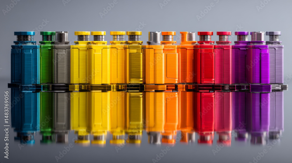 Poster vibrant row of colorful drink bottles reflecting on a smooth surface.