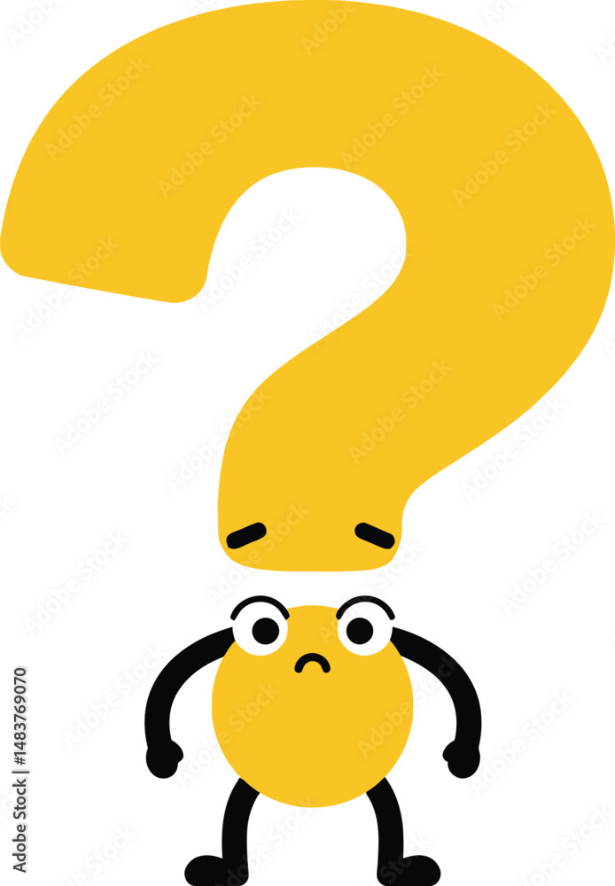 Poster question mark character with sad face and worried expression in yellow vector illustration for commu