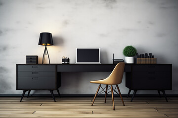 A minimalist modern office interior featuring a sleek desk chair and computer setup perfect for showcasing contemporary workspace design and productivity