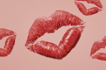 A playful pattern of red lipstick kiss imprints on a pale pink background, creating a romantic and sensual composition, perfect for Valentine's Day design.