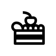 Illustration of a cake slice with two layers topped with frosting and a cherry on a white background