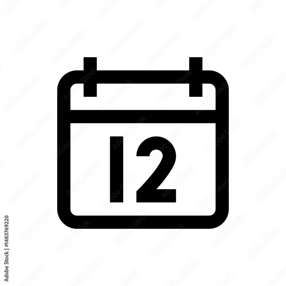 Poster illustration of a calendar icon with the number twelve displayed inside in a simple black outline st