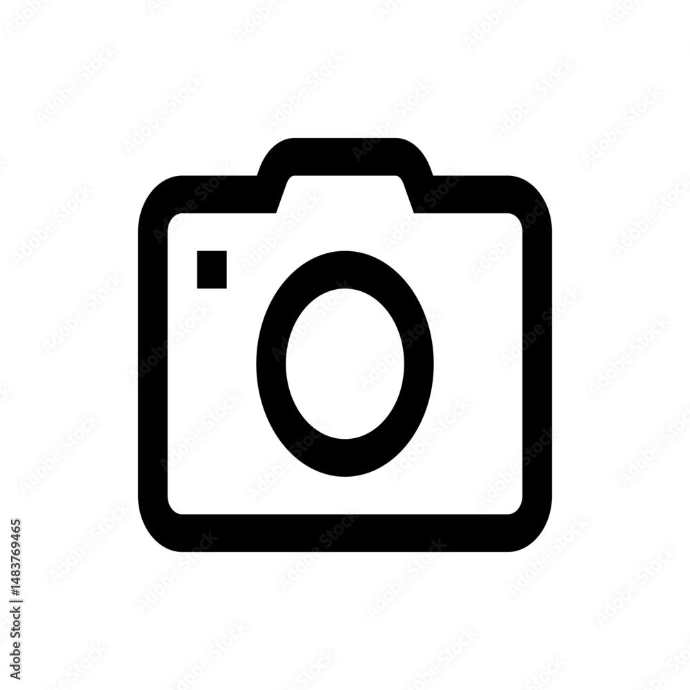Poster a simple black and white line drawing of a camera with a lens and a flash square on the upper left s