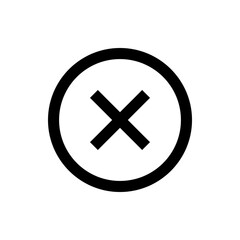 Black circle containing a bold x shape in the center indicating a close or cancel action symbol icon vector