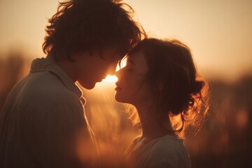 A romantic encounter at sunset, a young couple embracing in the golden light, sharing an intimate moment of love and connection against the warm, glowing horizon.
