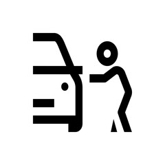 Illustration of a person opening a car door with a simple stick figure design in black and white style