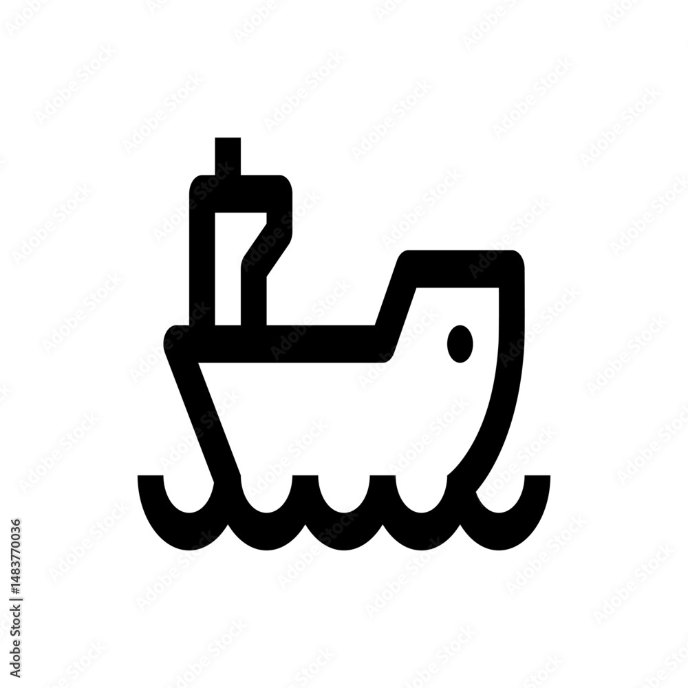Aufkleber illustration of a stylized ship with a cabin and a visible smokestack sailing on wavy waters design