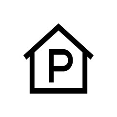 Black outline of a house shape with a capital p inside indicating a parking area or place to park cars