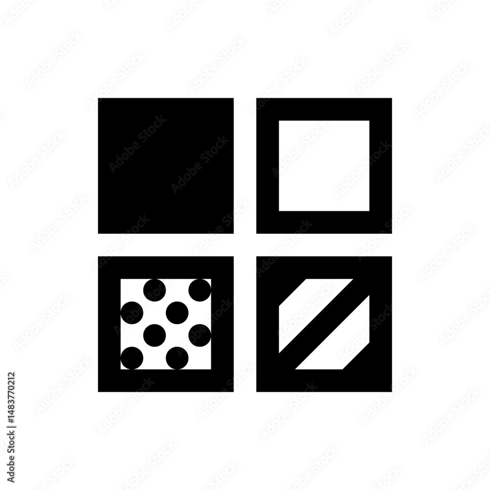 Poster four squares with different patterns including solid, outline, dots and diagonal lines in black and 