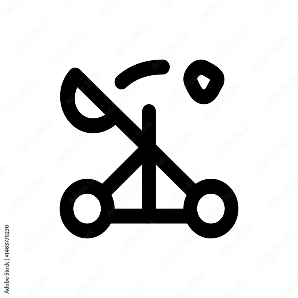 Poster stylized catapult icon with a projectile in mid air and a simple frame on wheels design in black