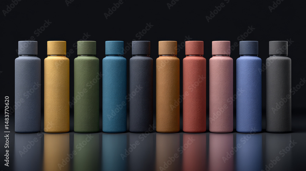 Poster a collection of colorful reusable bottles arranged in a modern style.