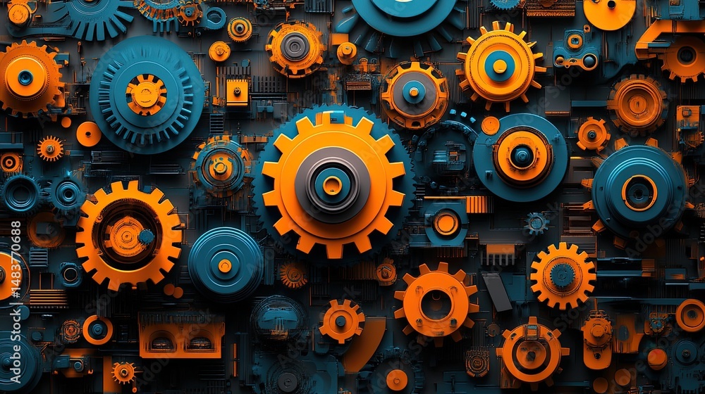 Poster a detailed view of various blue and orange gears and mechanical parts arranged in a complex pattern