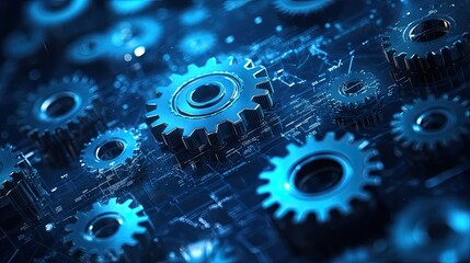 A close up view of several blue gears arranged on a dark surface with circuit board patterns