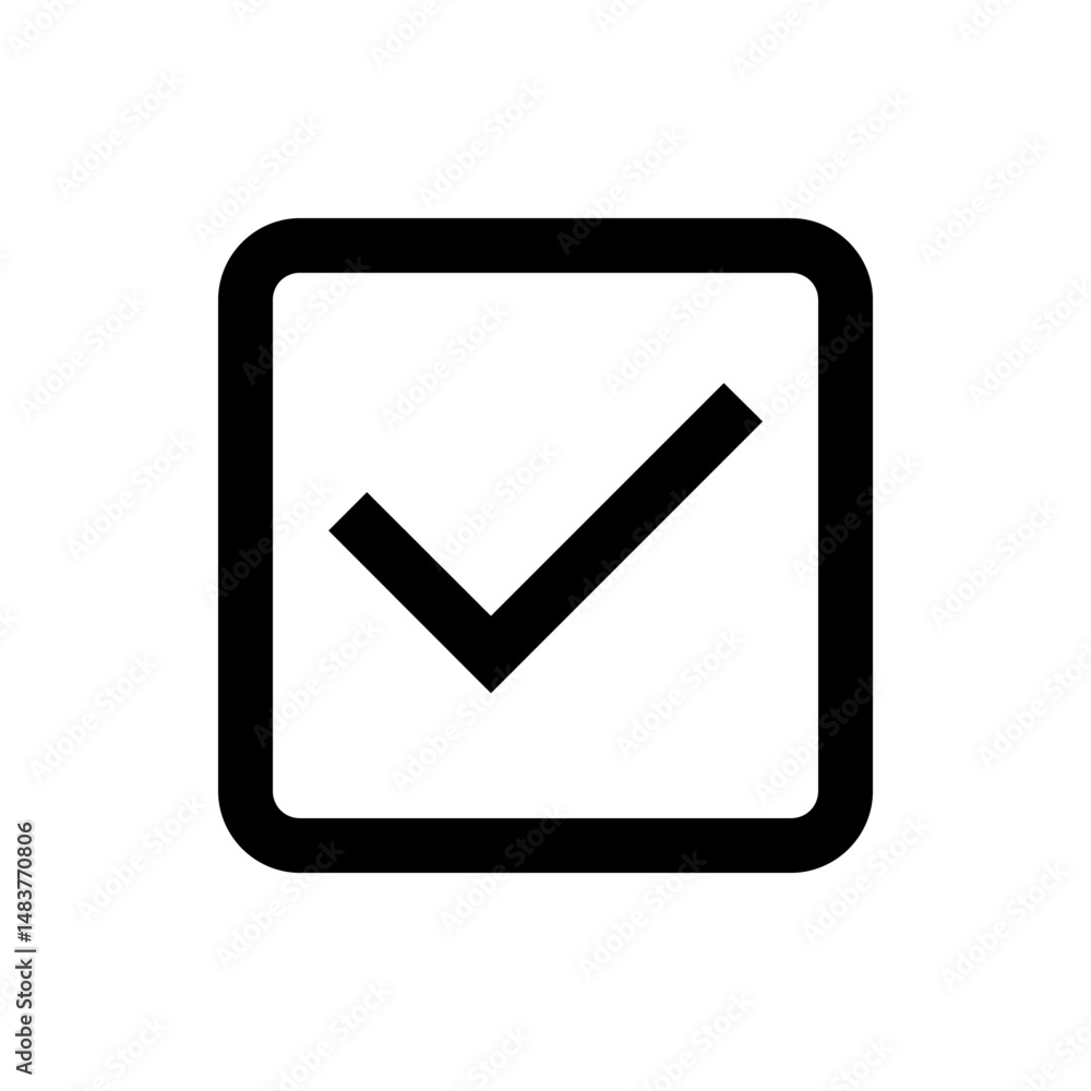 Poster a simple graphic of a square with rounded corners containing a check mark inside in black and white 