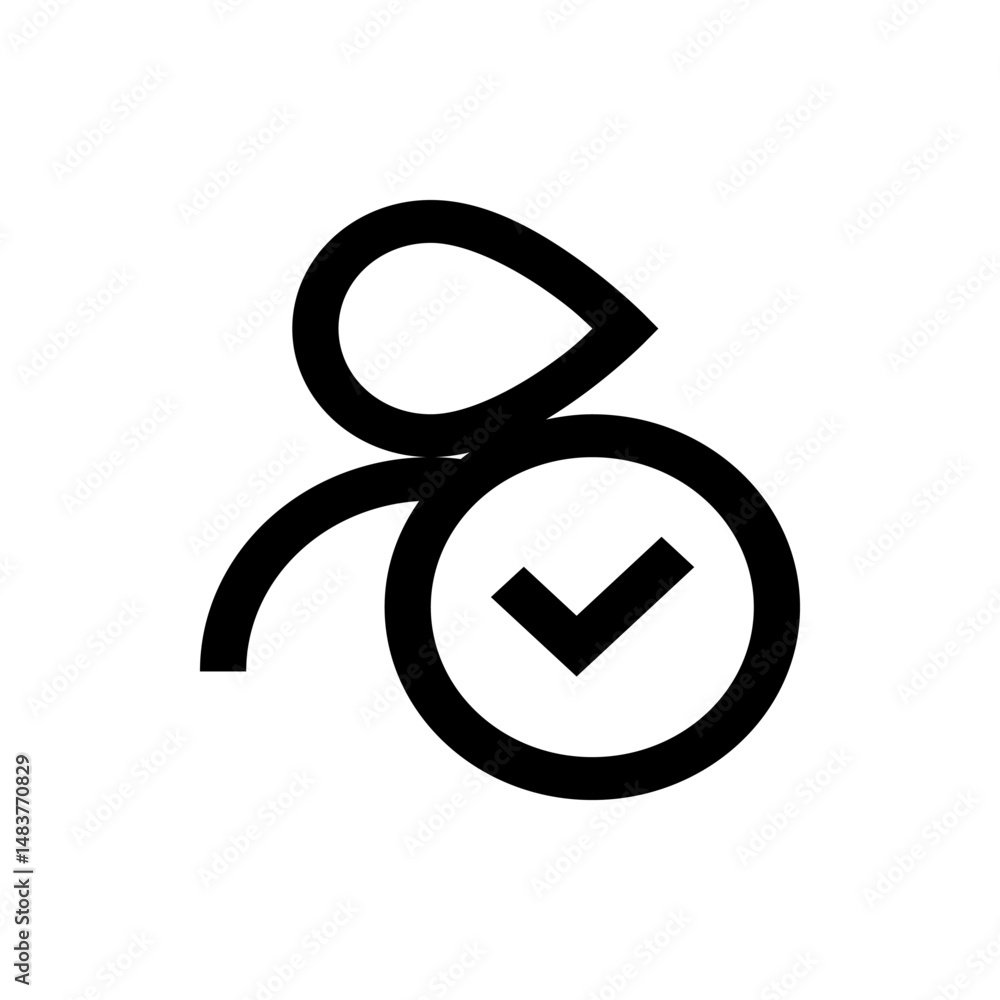 Poster black outline of a check mark inside a circle connected to a loop on a white background simple desig