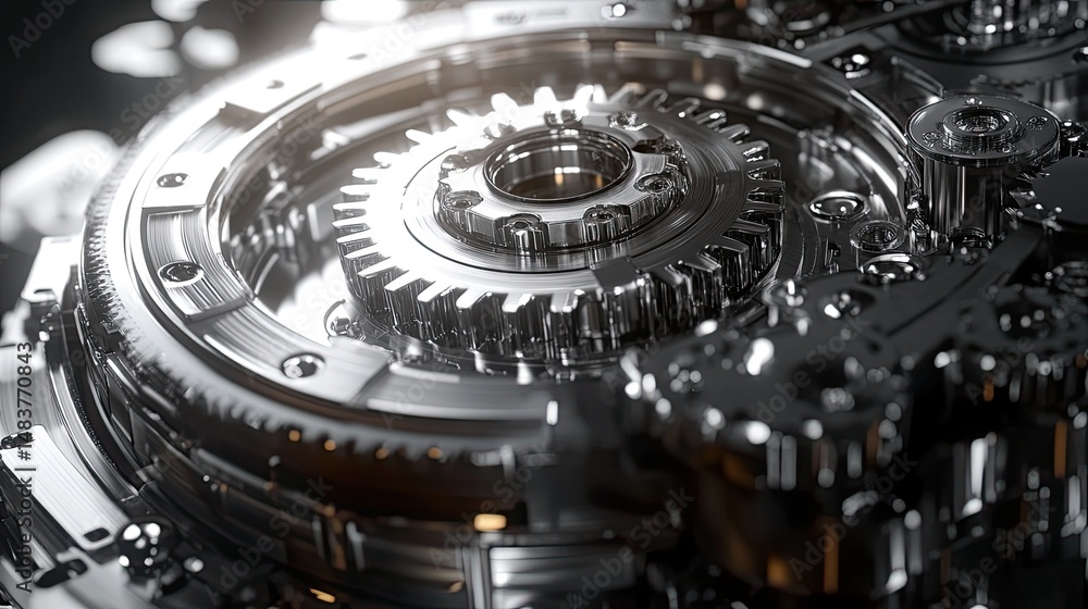 Aufkleber close up view of intricate silver gears and mechanical components in a complex mechanism