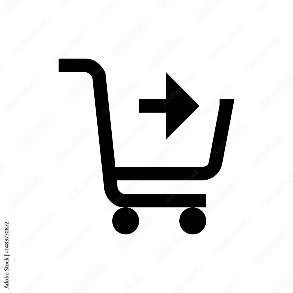 Poster illustration of a shopping cart with wheels and an arrow pointing right indicating checkout process 