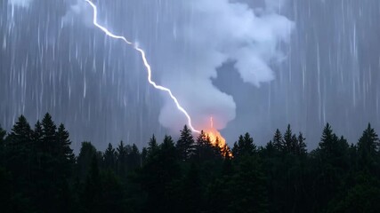 wide video of a lightning strike hitting a tree in a forest at night during a heavy thunderstorm with dramatic storm lighting and relentless rain illuminating the surrounding trees dramatic storm - Powered by Adobe
