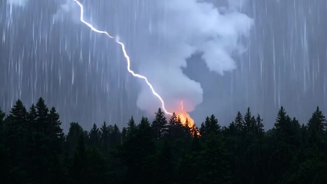 wide video of a lightning strike hitting a tree in a forest at night during a heavy thunderstorm with dramatic storm lighting and relentless rain illuminating the surrounding trees dramatic storm