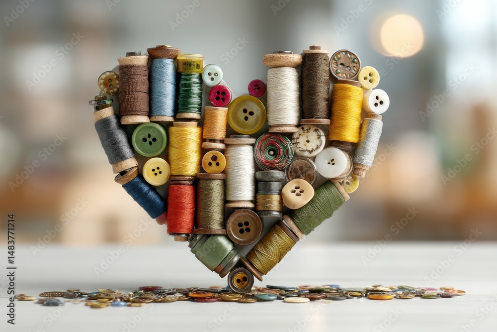 Poster a charming composition of vintage spools of thread and buttons arranged in a heart shape, set agains