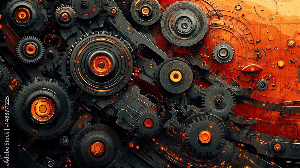 Poster a complex arrangement of gears and mechanical components with an orange color scheme throughout it