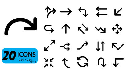Set of 20 Diverse Arrow Icons, Solid Style, 256x256 Pixels