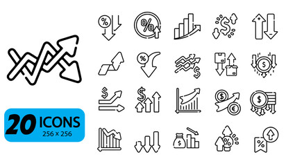 Set of 20 Increase and Decrease Icons, Outline Style, 256x256 Pixels