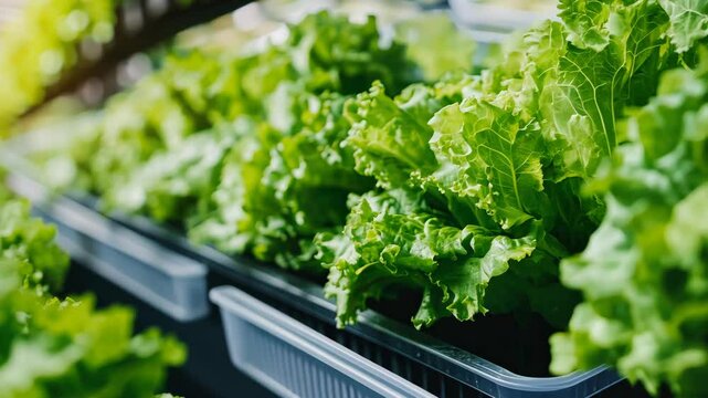 A row of green lettuce is displayed in a store. The lettuce is fresh and ready to be eaten