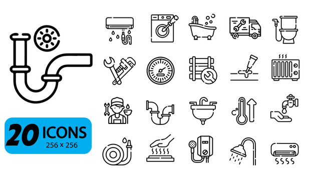 Set of 20 Plumbing and HVAC Service Icons, Outline Style, 256x256 Pixels