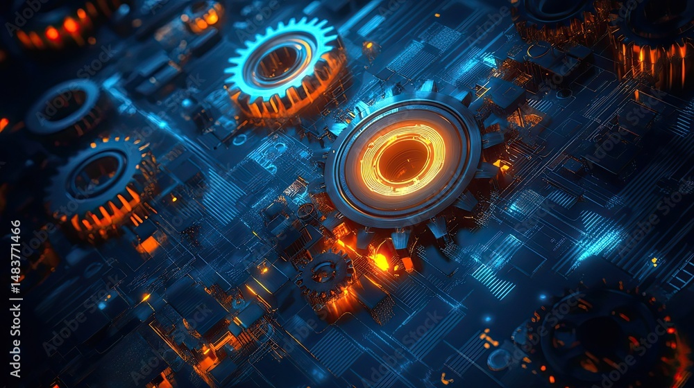 Poster illuminated gears and circuit board components in a futuristic technology landscape view from above