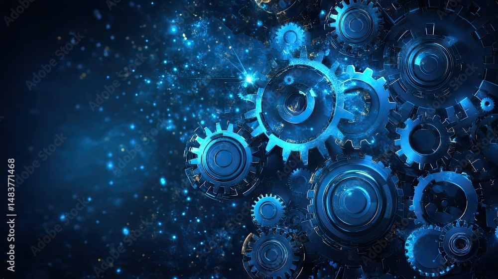 Poster a collection of blue gears and cogs with sparkling lights on a dark background in a close up shot