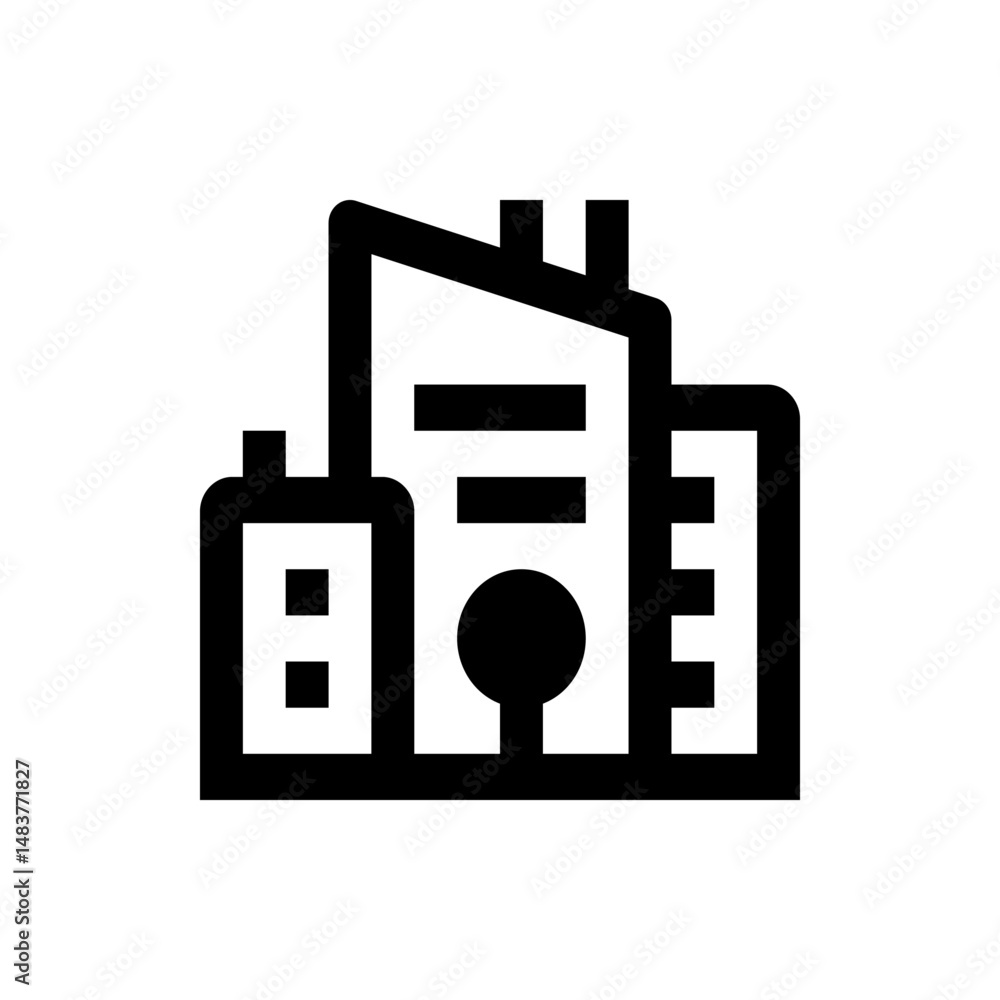 Poster illustration of a factory building with chimneys and a rounded structure in a simple black outline s