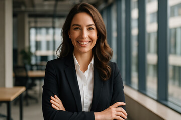Woman in black suit stands in office.