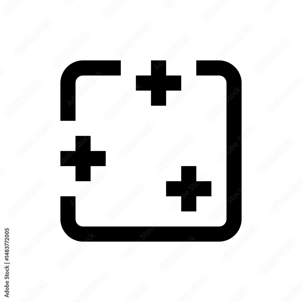 Poster illustration of a square with rounded corners and three plus signs inside it in a simple black and w