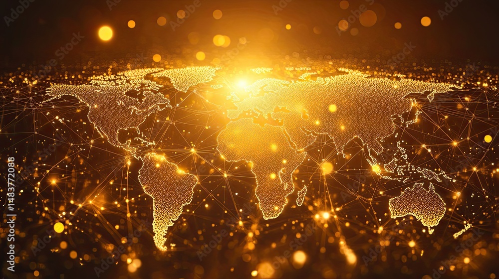 Poster illuminated world map with glowing connections and bokeh effects in a golden color palette