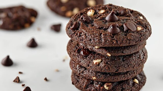 A stack of chocolate cookies with chocolate chips on top. The cookies are piled on top of each other and there is a pile of chocolate chips on the table