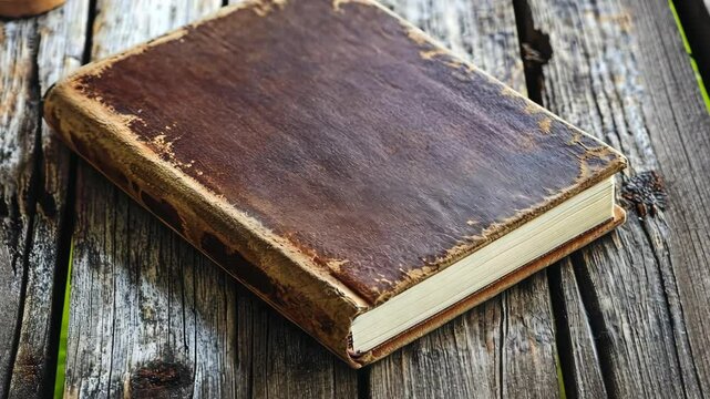 A leather bound book with a brown cover sits on a wooden table. The book is old and worn, with a slightly faded appearance. The cover is made of leather, giving it a classic and elegant look