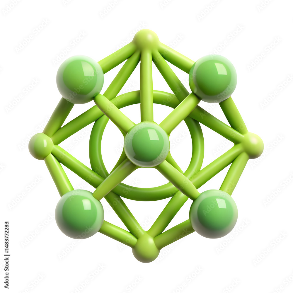 Poster bright green 3d molecular structure, top-down view. 3d rendering isolated on transparent background.