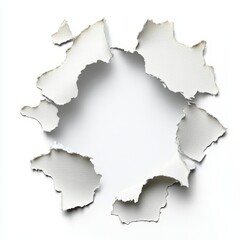 Fototapeta premium Paper hole with torn edges design template. Royalty high-quality free stock image of elongated torn paper fragments isolated on white background, hole in the sheet of torn paper fragments
